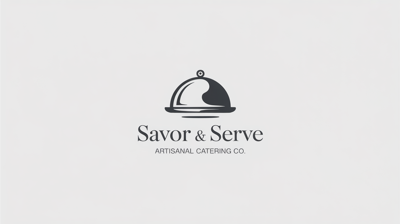 A modern and elegant logo for a catering company named 'Savor & Serve', featuring a silver cloche and chef's hat icon on a white background.