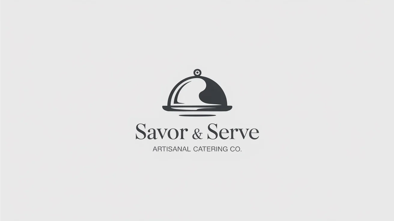A modern and elegant logo for a catering company named 'Savor & Serve', featuring a silver cloche and chef's hat icon on a white background.
