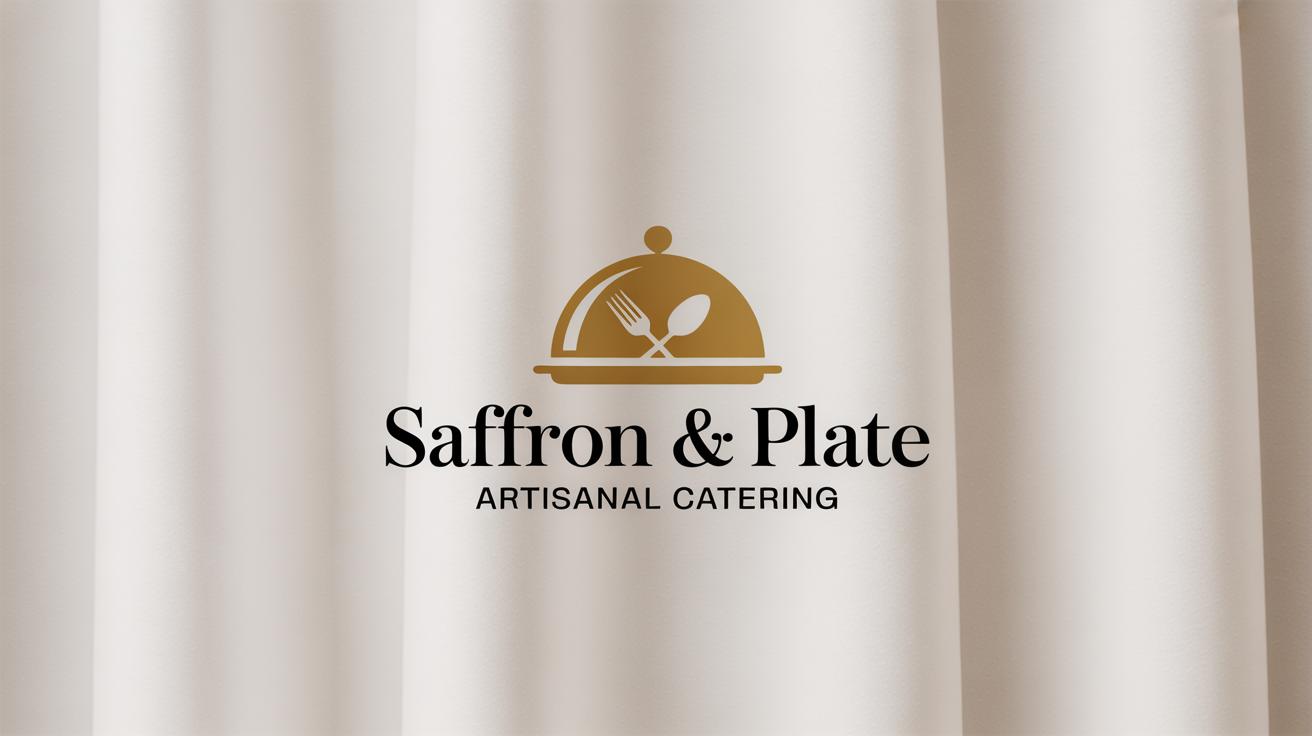 A sophisticated logo for a fictional catering company named 'Saffron & Plate', featuring a golden cloche icon with a crossed fork and spoon. The logo is displayed on a clean white background.