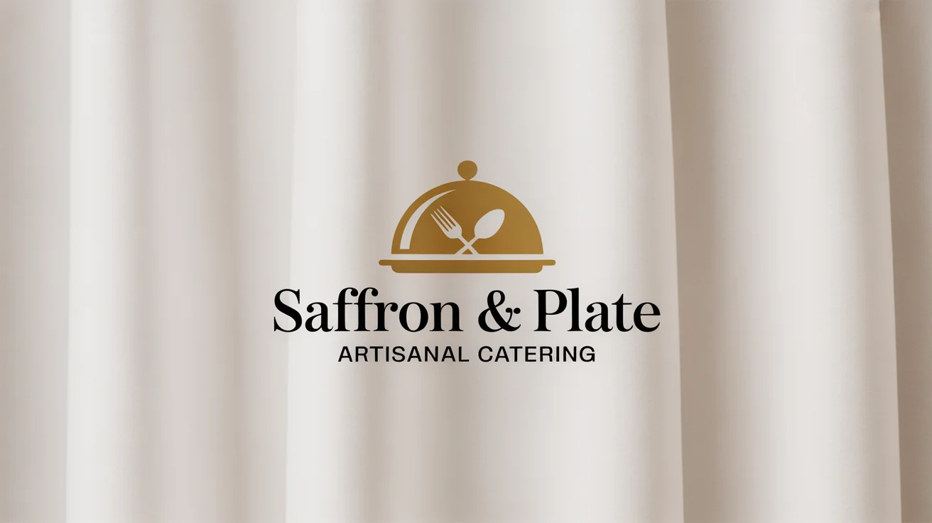 A sophisticated logo for a fictional catering company named 'Saffron & Plate', featuring a golden cloche icon with a crossed fork and spoon. The logo is displayed on a clean white background.