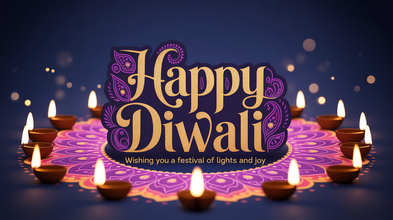 A finished Diwali greeting graphic showing the text 'Happy Diwali' in an ornate gold and purple font, set against a dark blue background with glowing clay lamps (diyas).