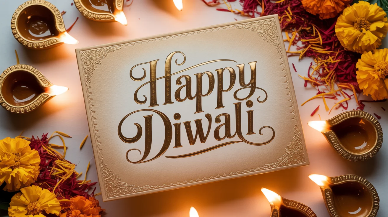 A festive mockup showing the text 'Happy Diwali' in a beautiful golden font, surrounded by glowing clay lamps (diyas) and marigold petals on a white background.
