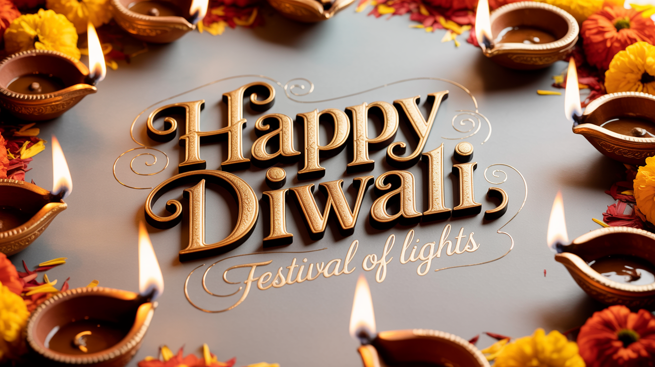 A festive typography design mockup for a Diwali font. The words 'Happy Diwali' are displayed in a decorative gold foil font, surrounded by glowing diyas and marigold petals, all on a crisp white background.