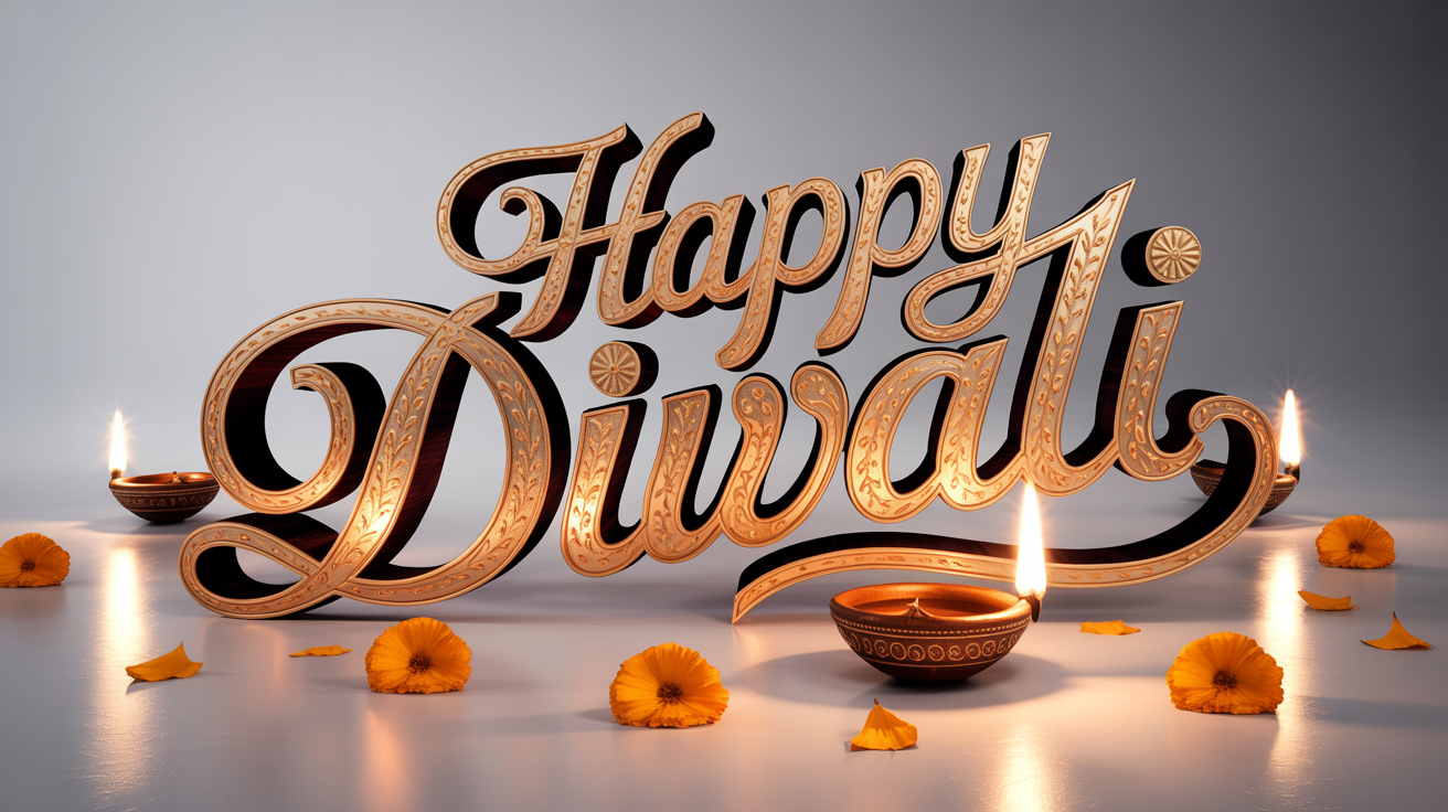 The words 'Happy Diwali' displayed in an elegant, glowing gold font, set against a clean white background with decorative diyas and marigold petals, showcasing a festive font design.