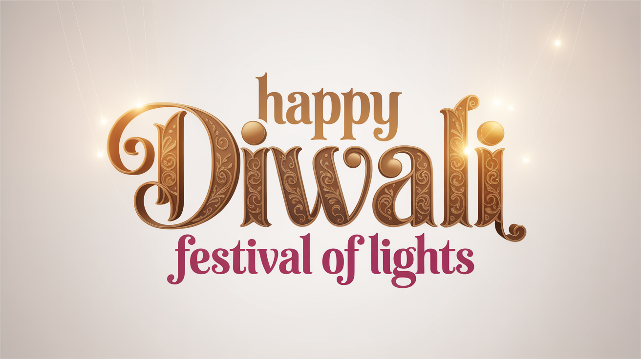 A typography showcase for a Diwali font on a white background. The text 'Happy Diwali' is written in a large, ornate, golden script, with 'Festival of Lights' written below in the same font in magenta.