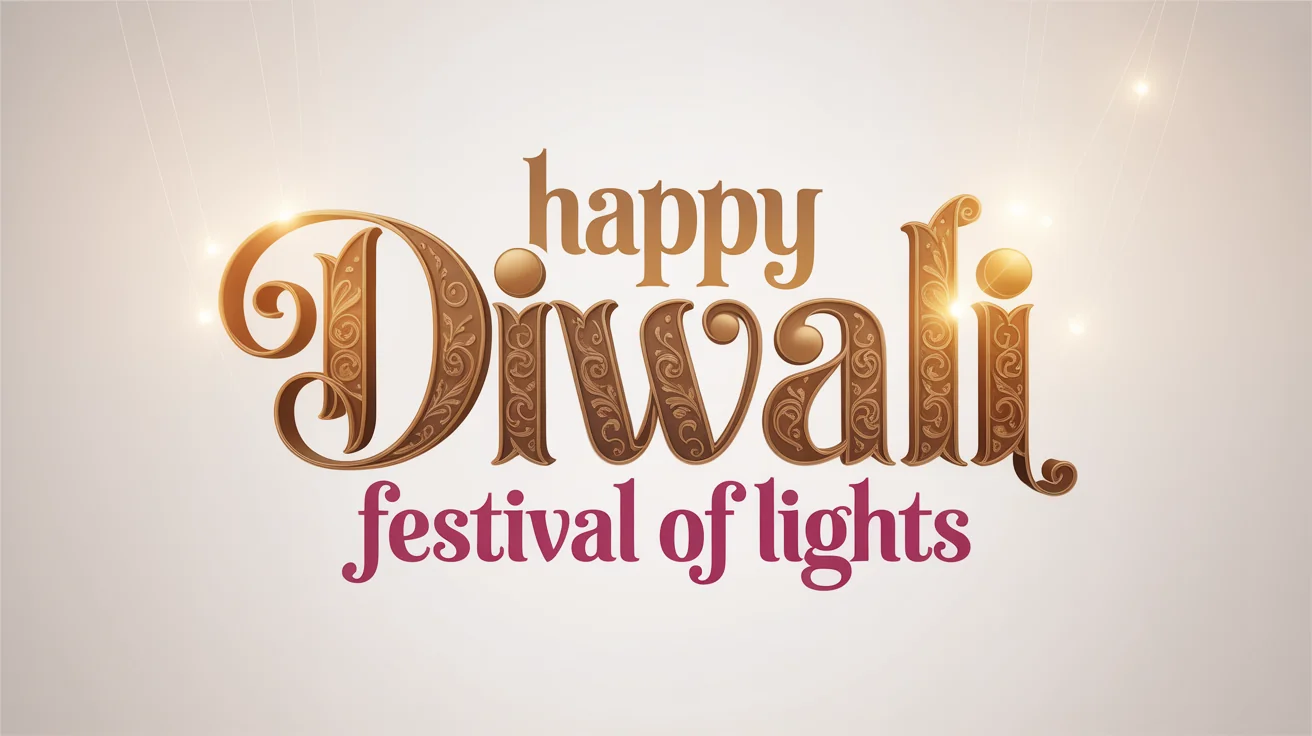 A typography showcase for a Diwali font on a white background. The text 'Happy Diwali' is written in a large, ornate, golden script, with 'Festival of Lights' written below in the same font in magenta.
