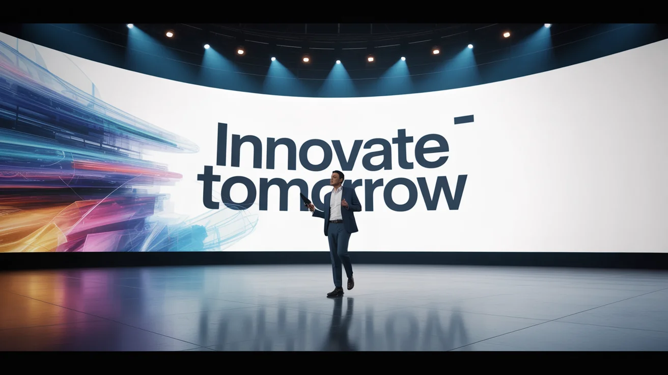 A professional speaker presenting on a high-tech virtual stage, with a large, curved digital screen behind them showing branded graphics and the words 'Innovate Tomorrow'.