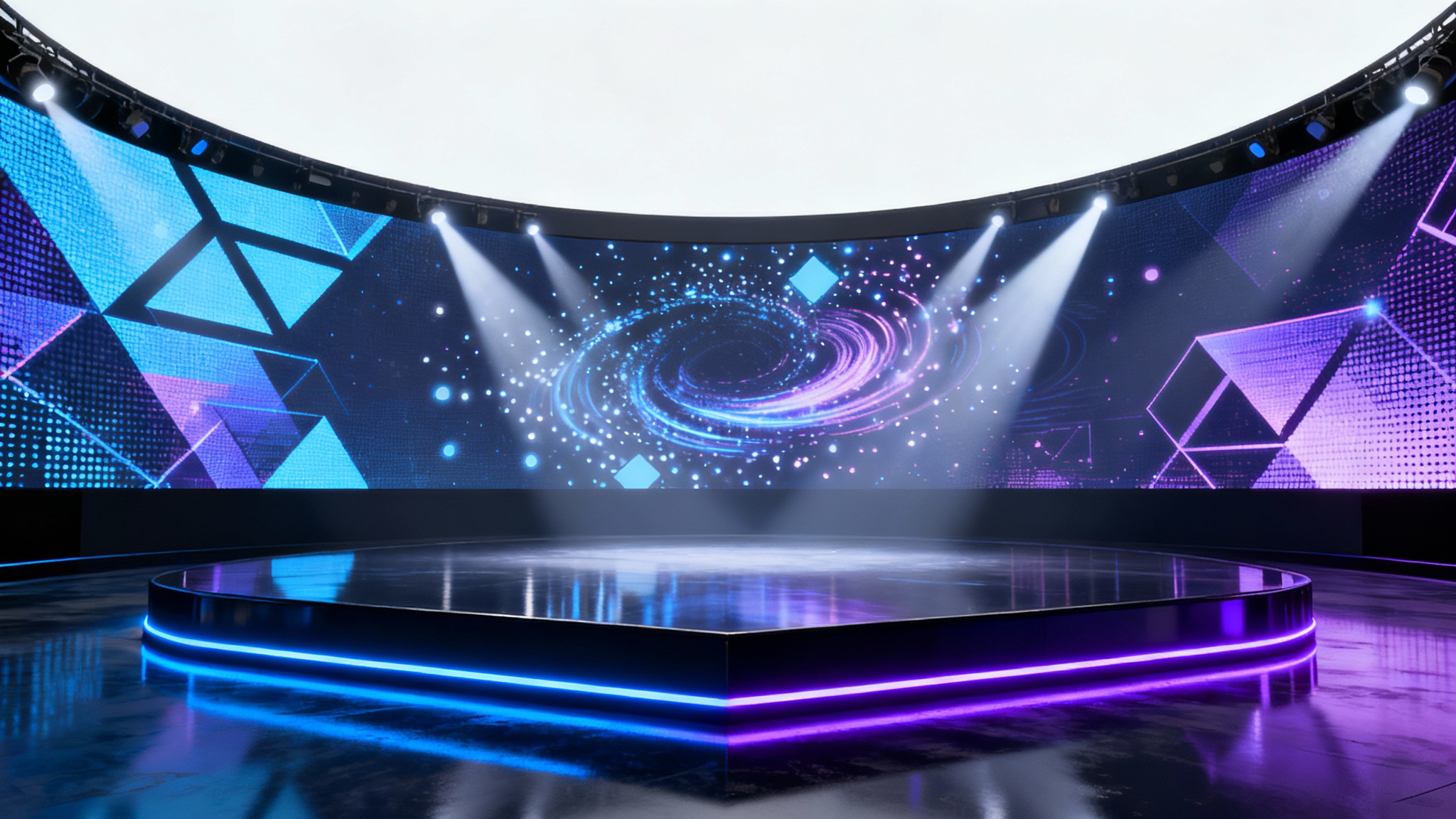 A photorealistic mockup of an empty, futuristic virtual stage with a glowing platform and a large animated LED screen, set against a plain white background.