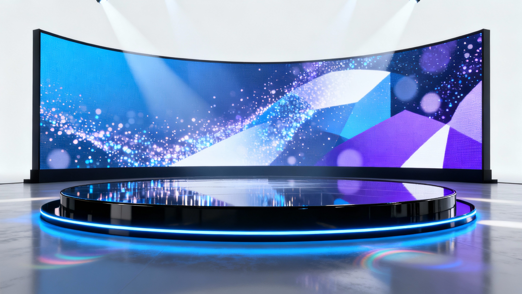 A photorealistic mockup of a futuristic virtual stage with a circular, reflective black floor, glowing blue edges, and a large curved LED screen in the background, isolated on a white background.