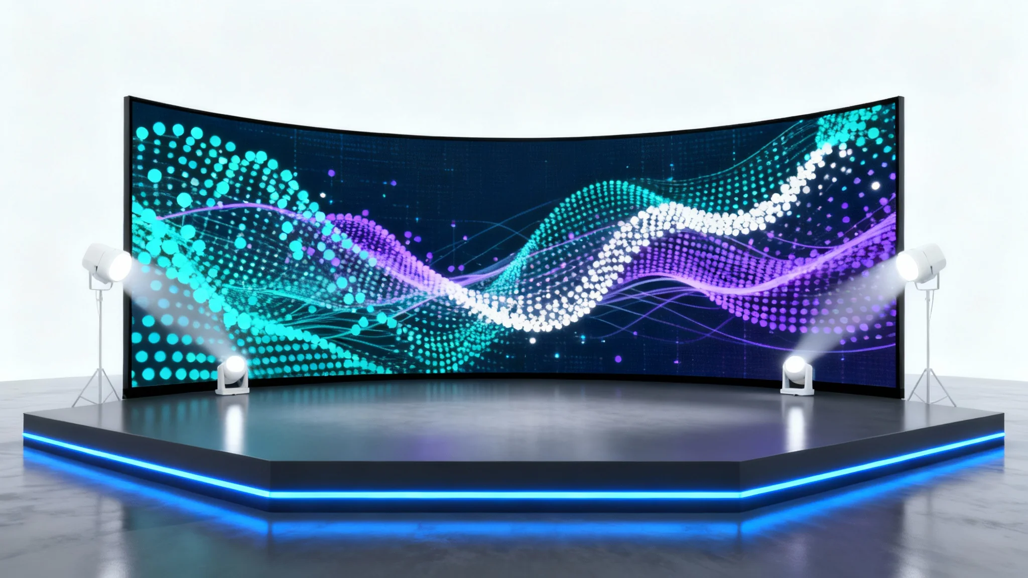 A sleek, futuristic virtual stage with a large digital screen behind it, set against a plain white background, illustrating a high-tech environment for online events.