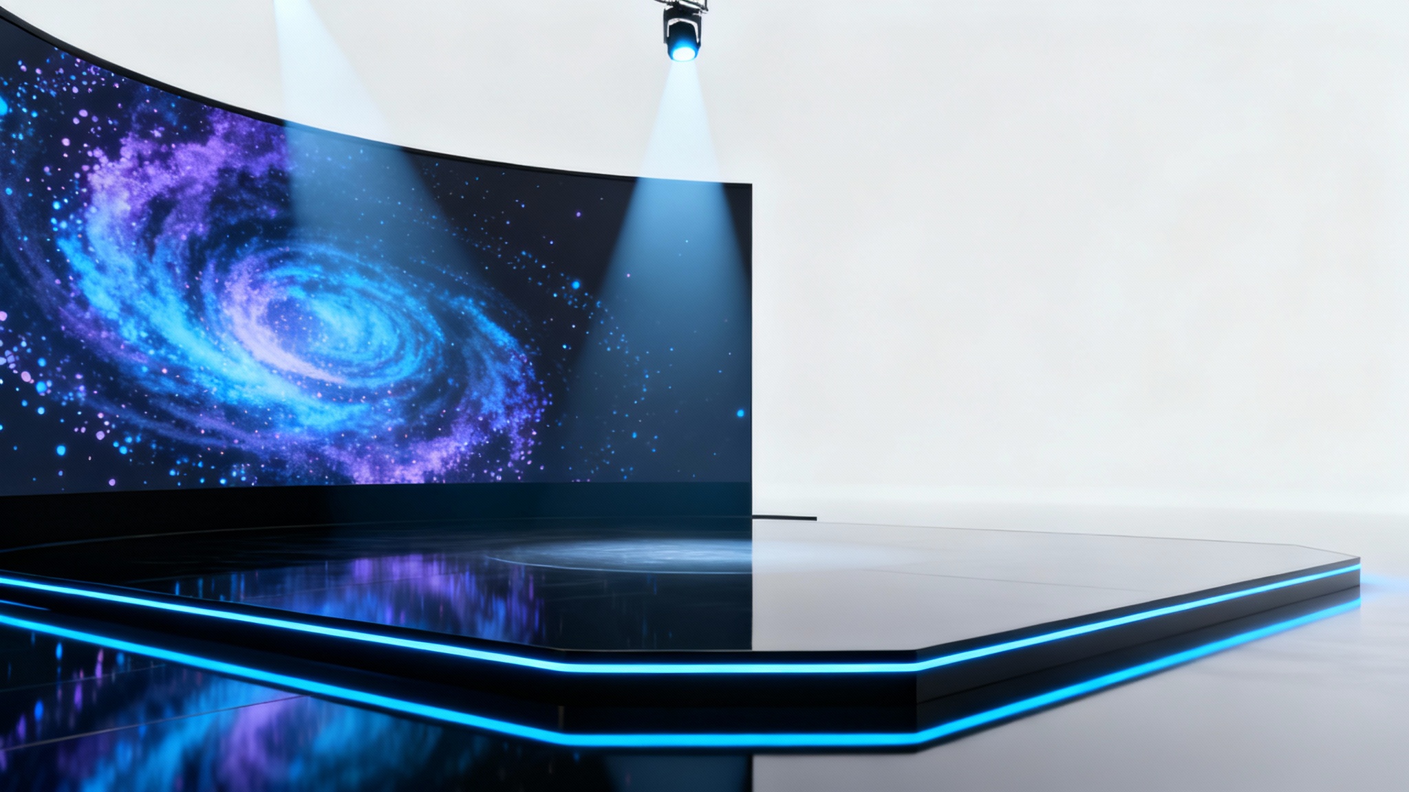 An empty, futuristic virtual stage with a polished black floor, glowing blue light accents, and a large curved screen displaying abstract graphics, all against a clean white background.