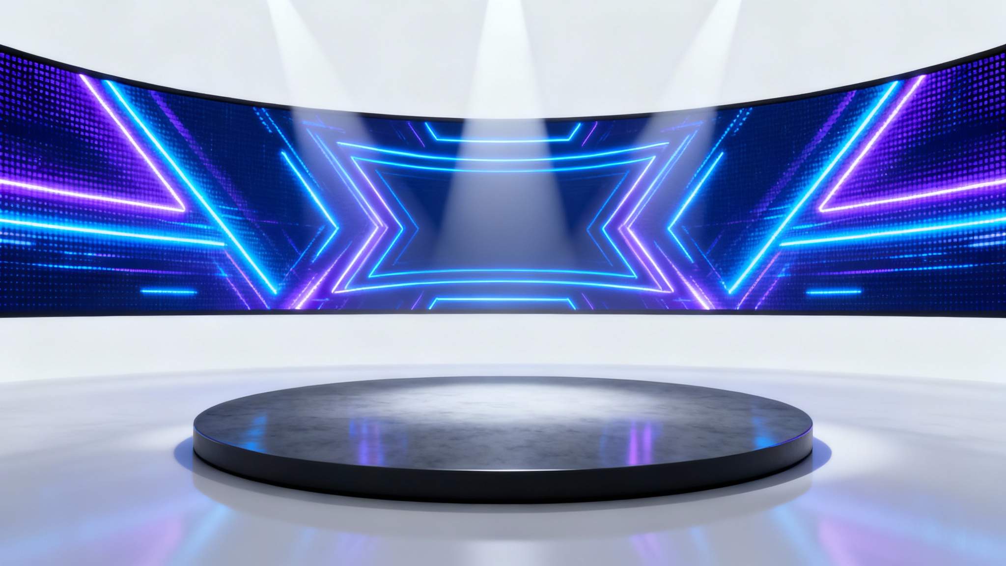 A modern, minimalist virtual stage featuring a dark circular platform and a large curved LED screen displaying abstract blue and purple lights, all set against a clean white background.