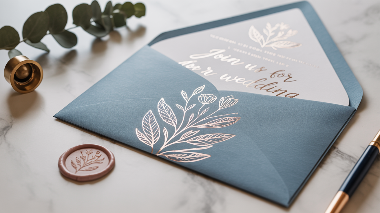 A flat lay of a custom-designed dusty blue wedding envelope with rose gold botanical art, next to a matching invitation and a wax seal on a white marble surface.