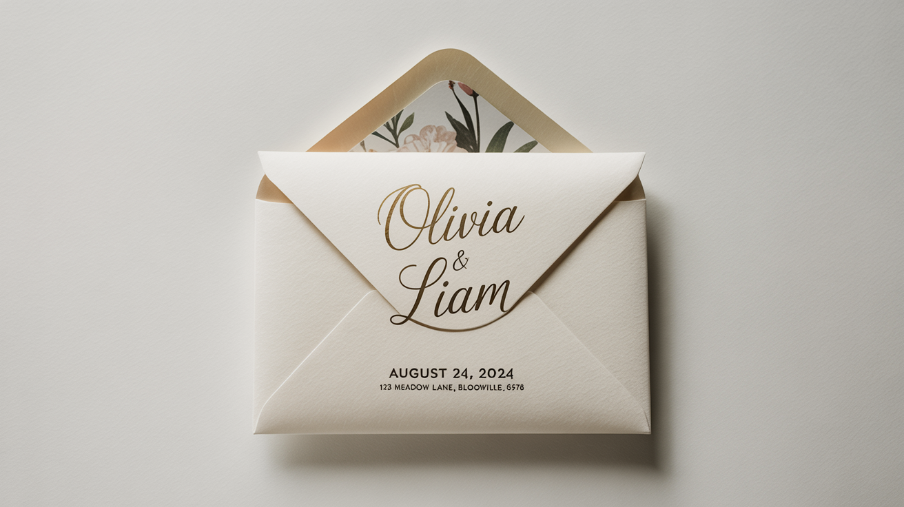 A photorealistic mockup of a beautiful, custom-designed wedding envelope for 'Olivia & Liam' featuring gold foil text, shown flat against a white background.