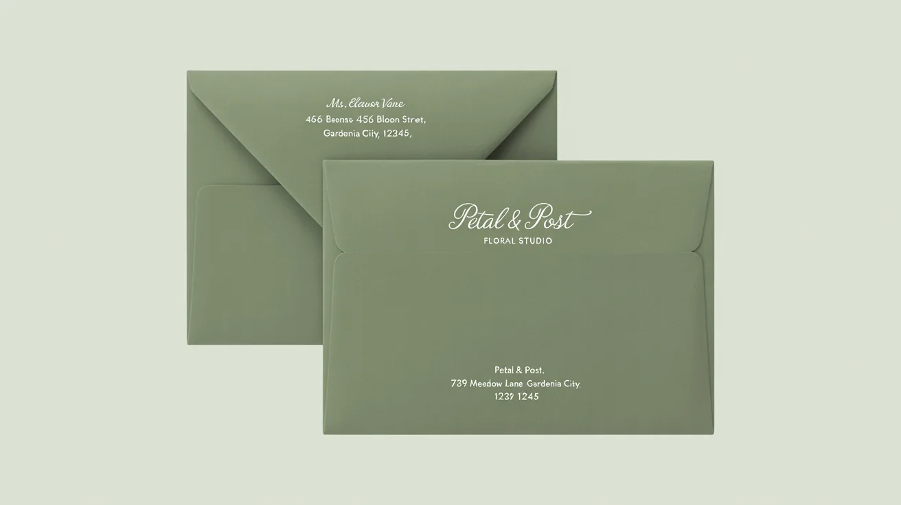 A minimalist mockup of two custom-designed sage green envelopes for 'Petal & Post' floral studio, displayed on a clean white surface.