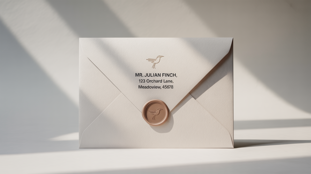 A photorealistic mockup of a professionally designed off-white envelope with a classic font for the address and an embossed bird logo, shown on a clean white background.