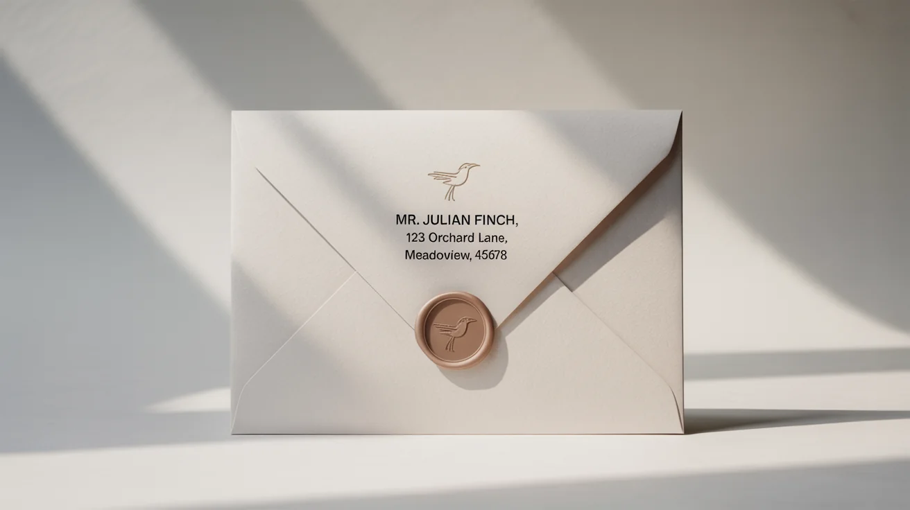 A photorealistic mockup of a professionally designed off-white envelope with a classic font for the address and an embossed bird logo, shown on a clean white background.