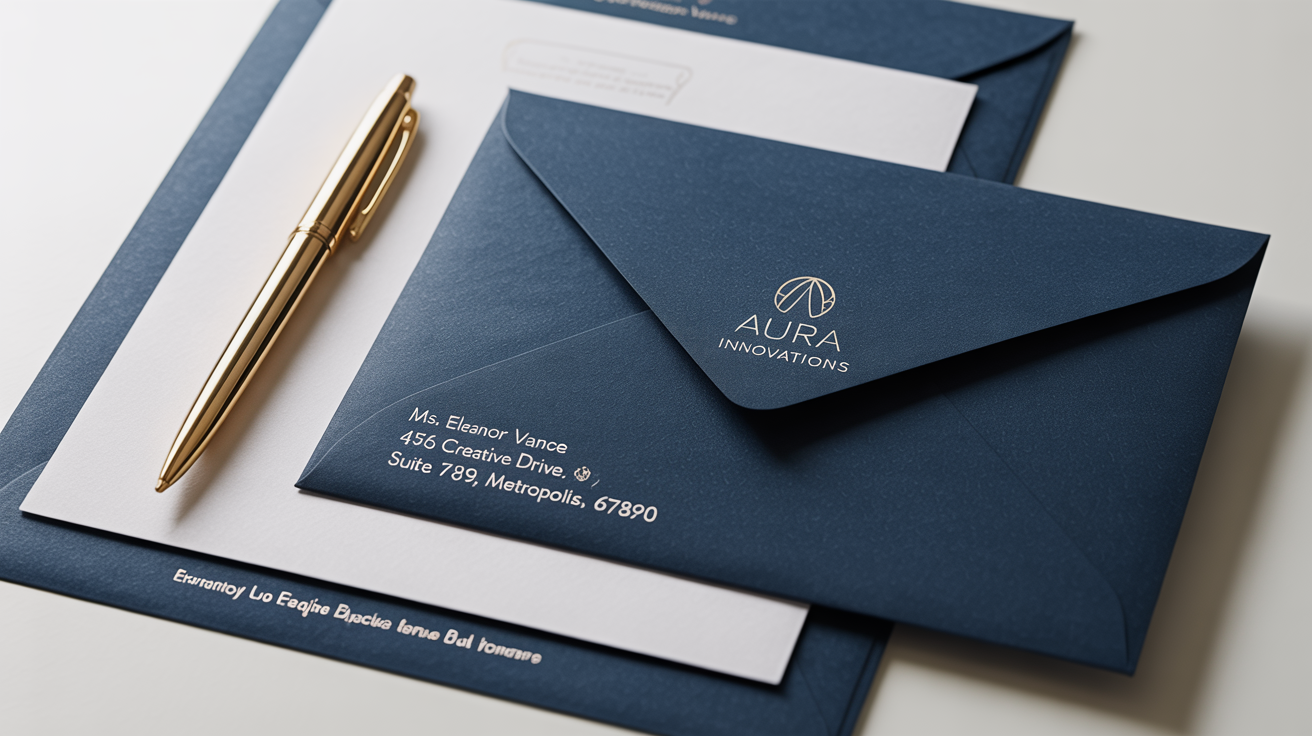 A professional flat lay mockup of a navy blue business envelope with a gold foil logo for 'Aura Innovations', displayed on a white background with a matching letterhead and a gold pen.