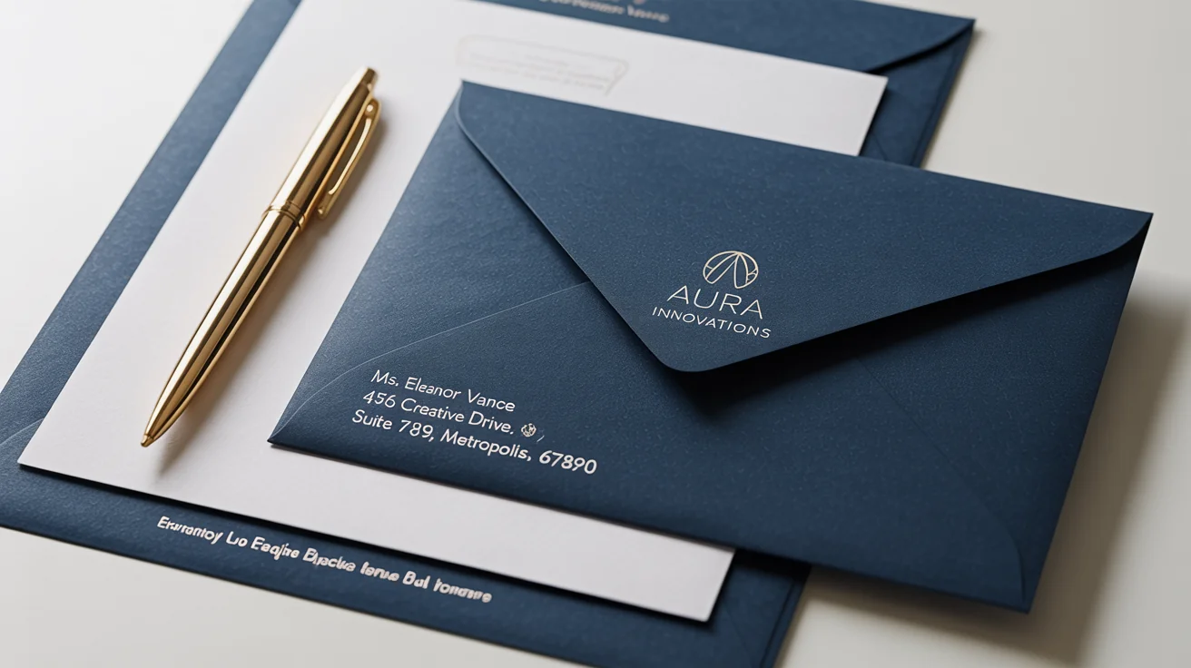 A professional flat lay mockup of a navy blue business envelope with a gold foil logo for 'Aura Innovations', displayed on a white background with a matching letterhead and a gold pen.