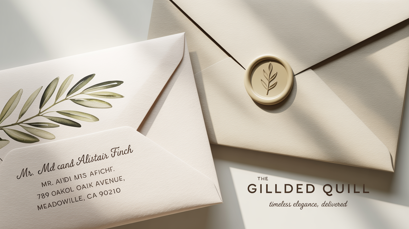 A photorealistic mockup of two custom-designed envelopes on a white background, one showing an address and olive branch design, the other showing the back sealed with a gold wax seal.