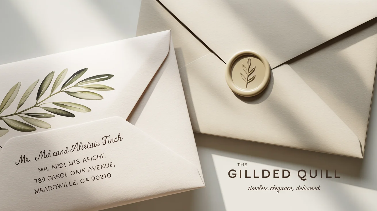 A photorealistic mockup of two custom-designed envelopes on a white background, one showing an address and olive branch design, the other showing the back sealed with a gold wax seal.