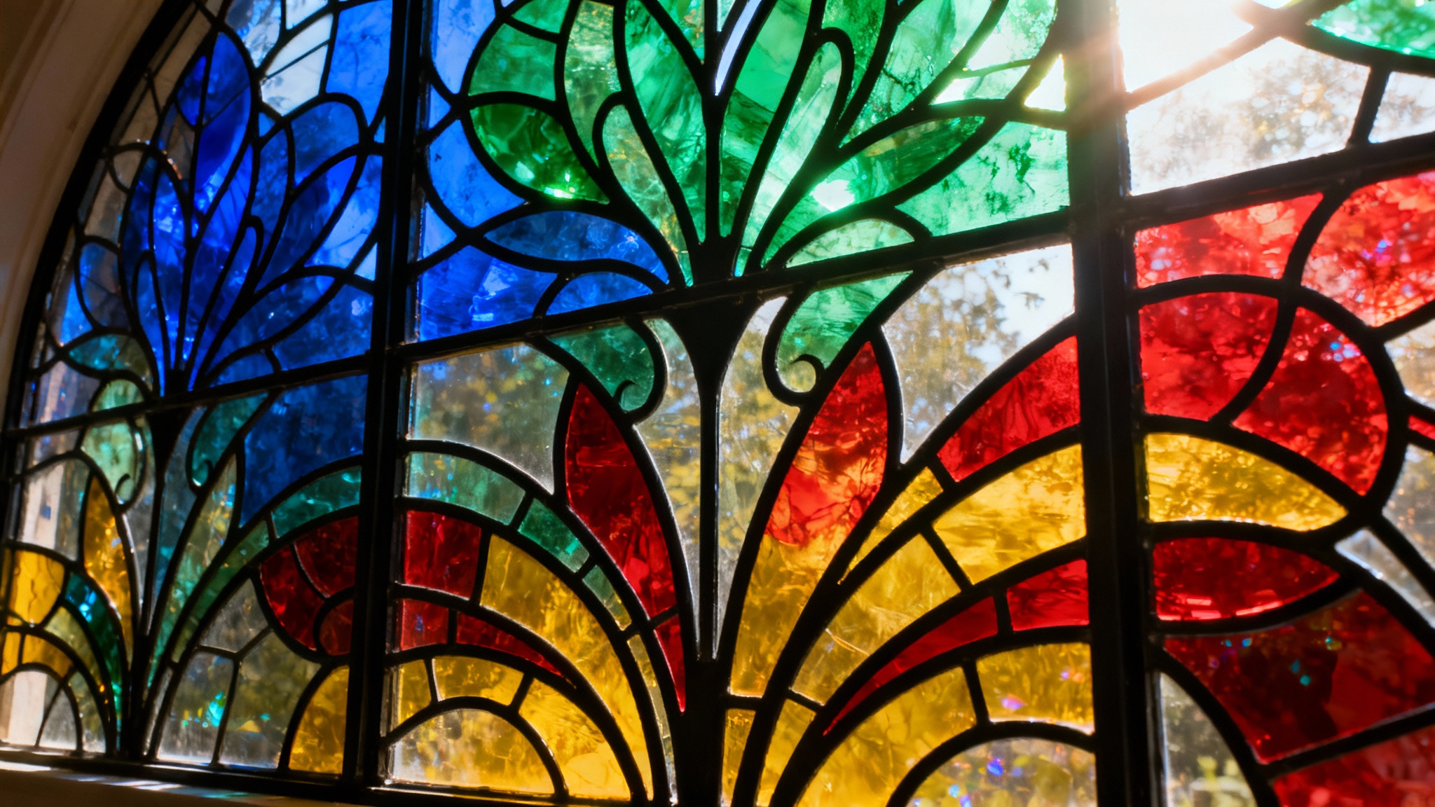 An eye-catching, high-resolution image of a vibrant stained glass background in a 16:9 aspect ratio. The intricate design features abstract floral patterns in jewel tones of blue, green, and red, all glowing as if backlit by the sun.