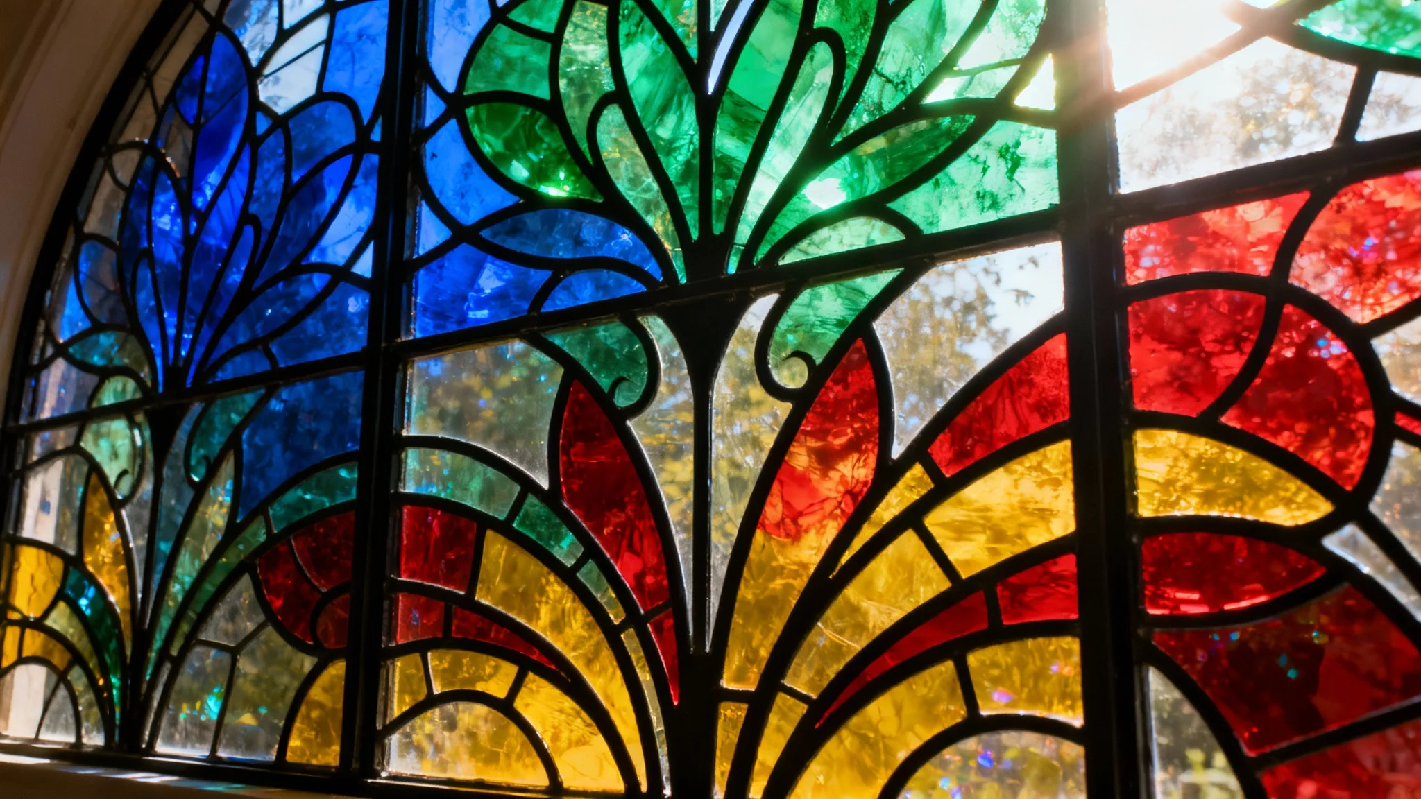 An eye-catching, high-resolution image of a vibrant stained glass background in a 16:9 aspect ratio. The intricate design features abstract floral patterns in jewel tones of blue, green, and red, all glowing as if backlit by the sun.