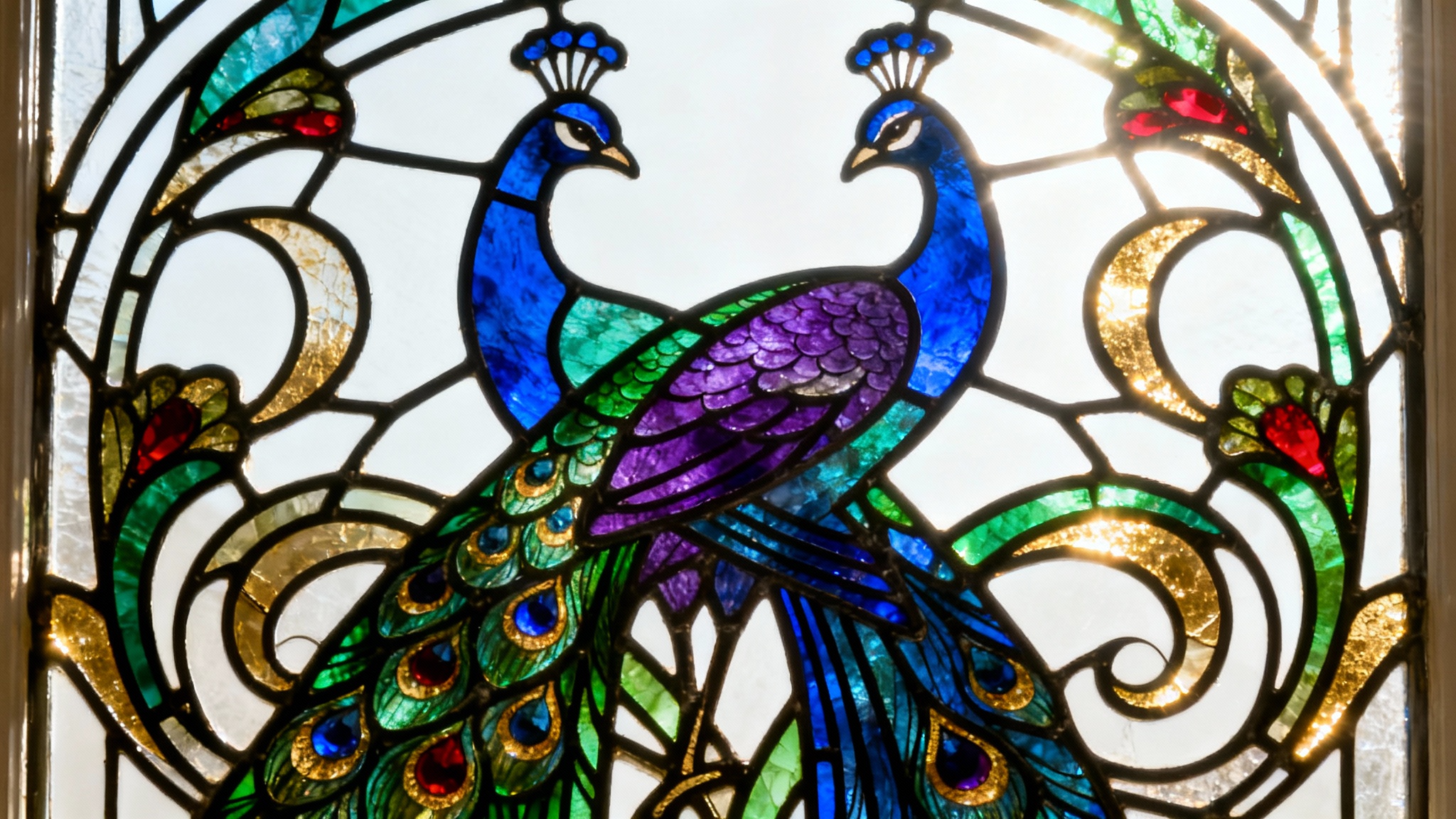 A vibrant Art Nouveau stained glass background featuring stylized peacocks and floral patterns in rich jewel tones of blue, green, and purple, illuminated from behind.