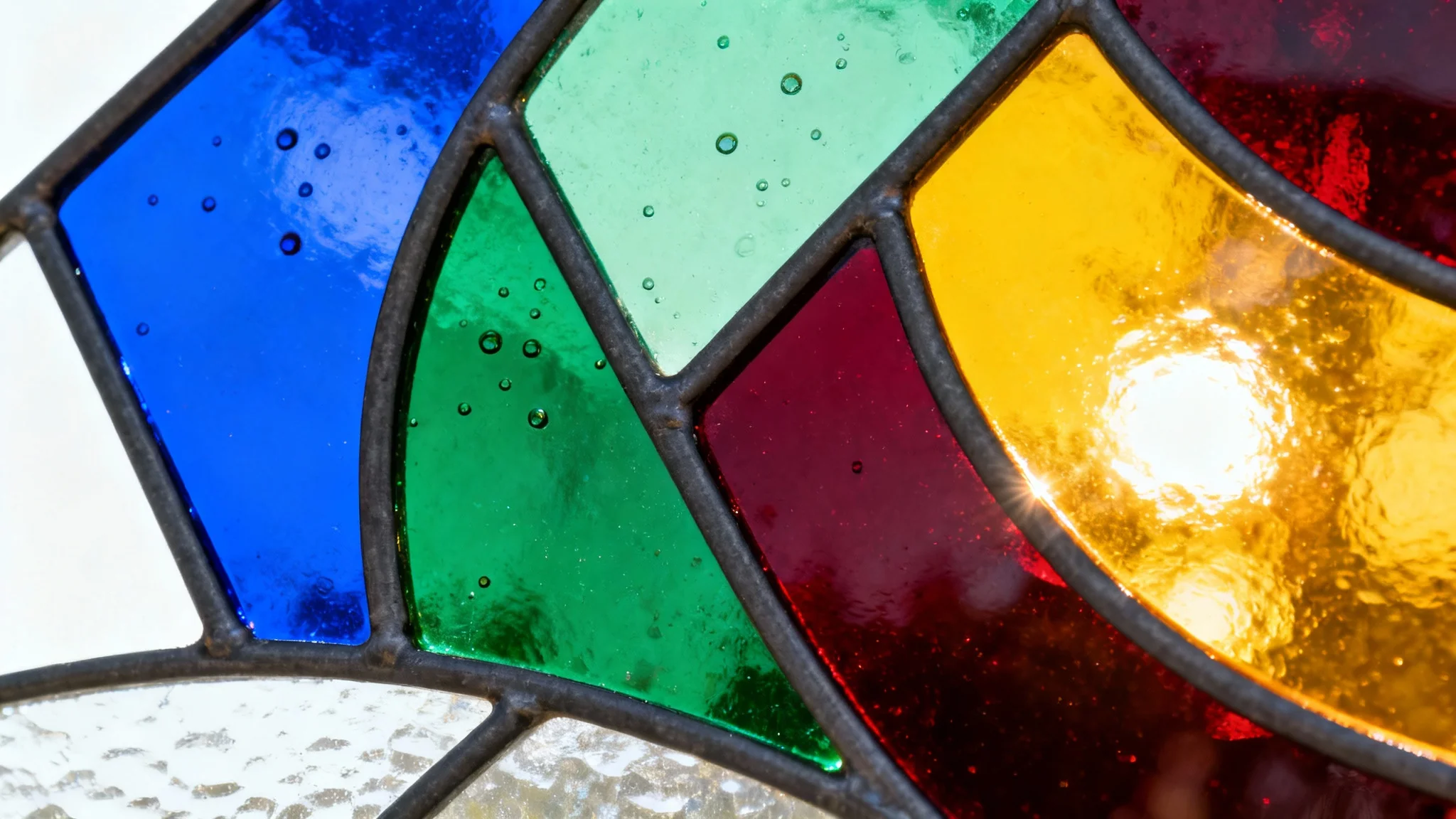 A detailed close-up of a modern stained glass panel with abstract shapes in blue, green, red, and yellow, beautifully illuminated from behind against a white background.