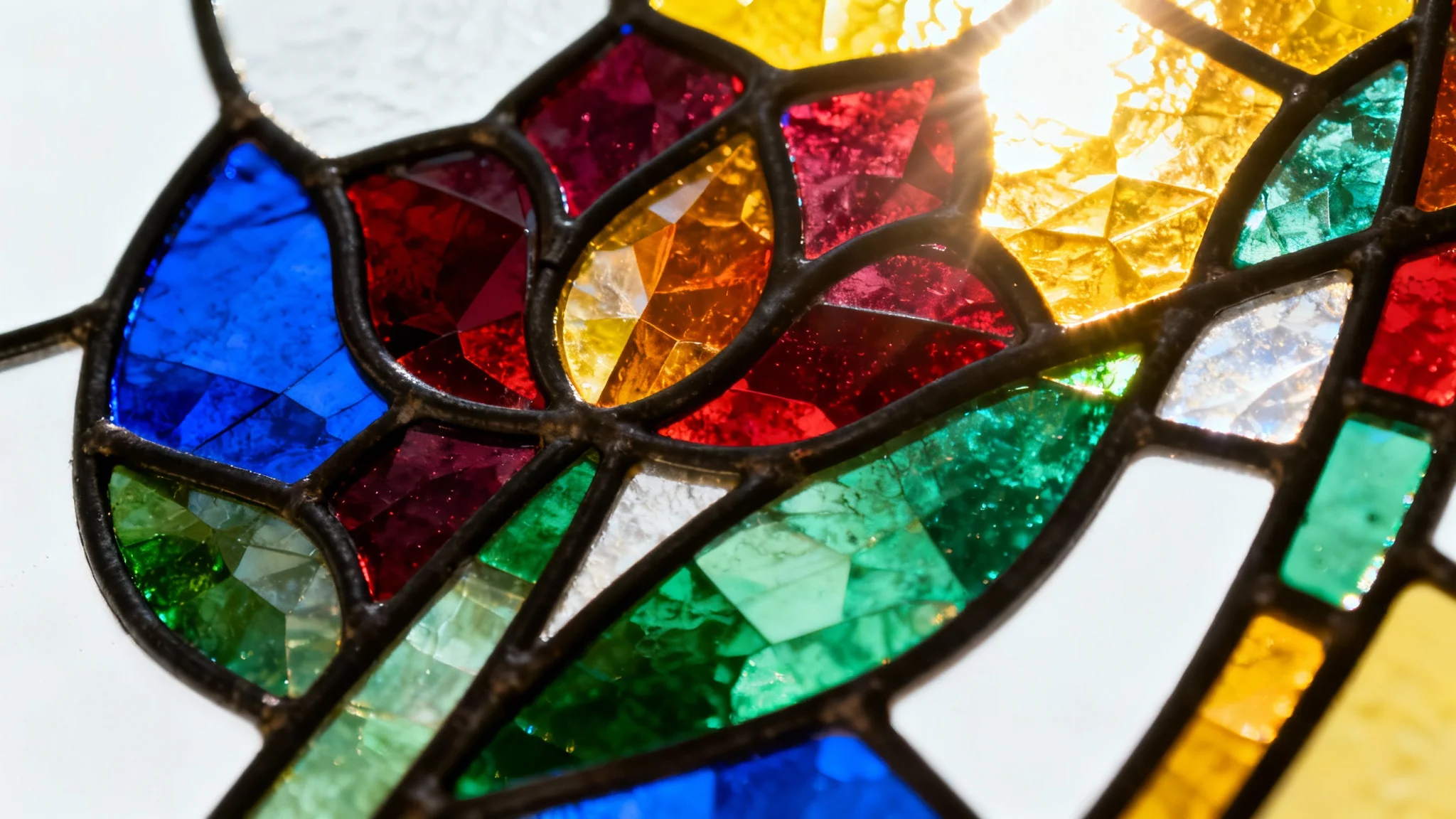 A close-up of a beautifully crafted stained glass window with a vibrant floral and geometric pattern, glowing as light shines through it, isolated on a white background.