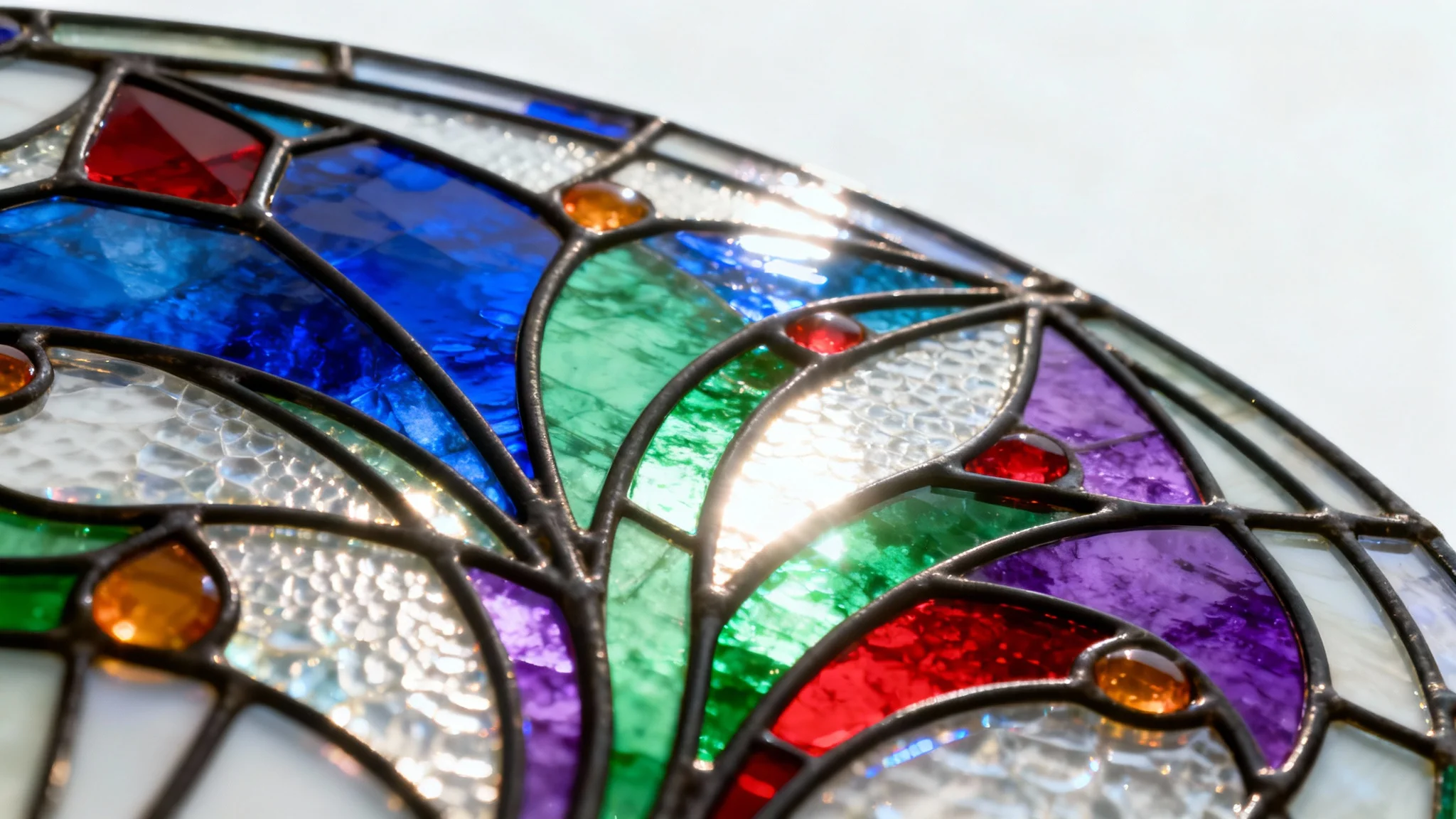 A detailed close-up of a vibrant, abstract stained glass pattern with jewel-toned colors glowing against a solid white background, showcasing the intricate lead work and glass texture.