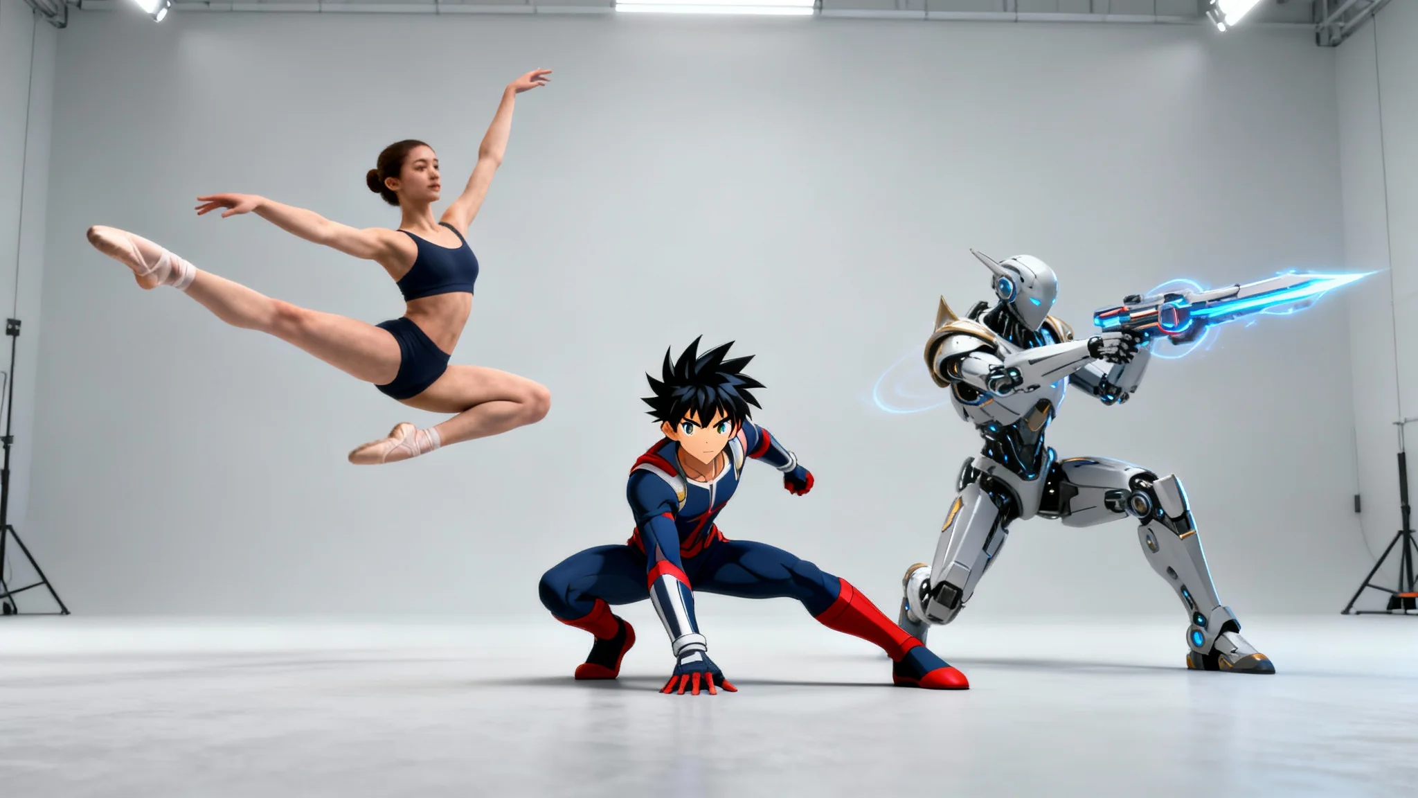 An eye-catching hero image displaying three diverse 3D characters in unique, dynamic poses on a clean background, representing the final output of a pose editor tool.