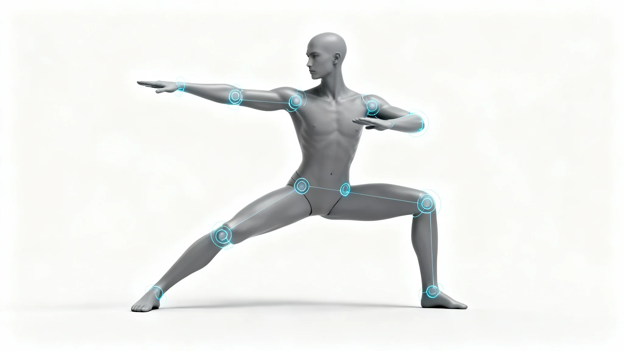 A 3D digital mannequin frozen in a dynamic martial arts pose against a white background, with glowing blue lines indicating its editable joints, representing a pose editor tool.
