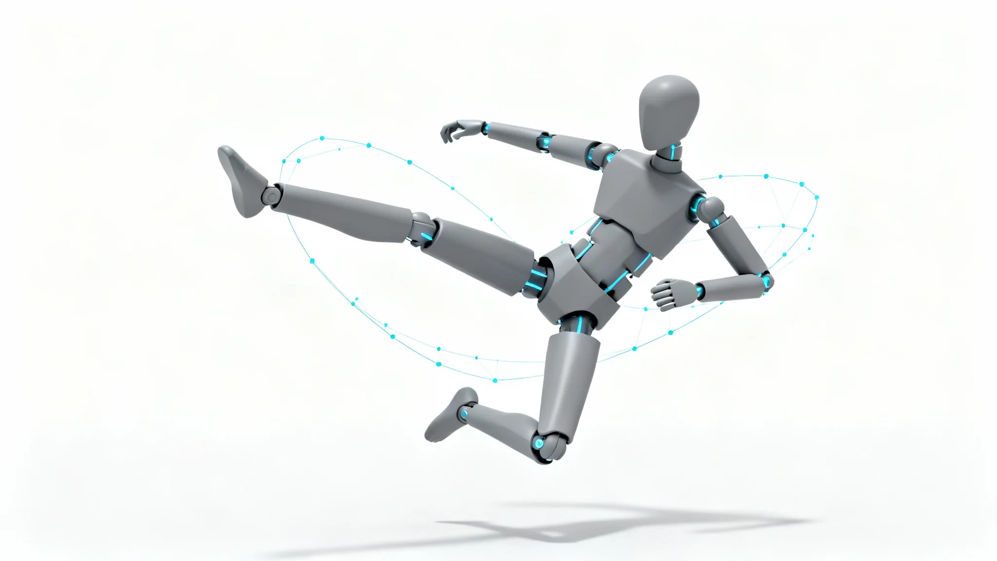 A 3D render of a stylized humanoid figure in a dynamic action pose against a white background, with faint wireframe lines indicating digital editing, representing a pose editor tool.