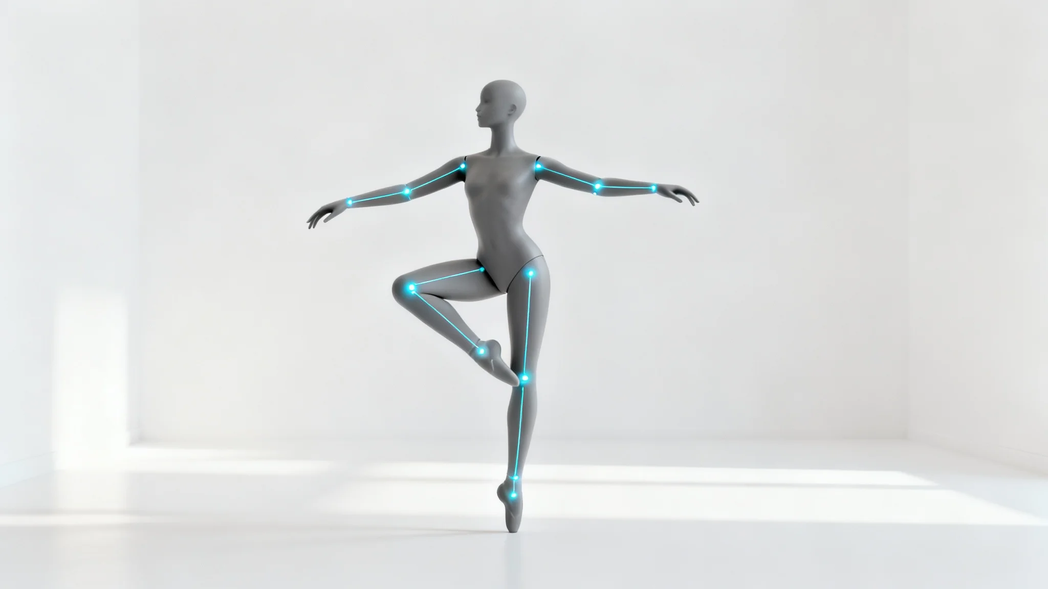 A photorealistic digital mannequin in a dynamic ballet pose against a white background, with glowing blue lines indicating a digital armature for pose editing.