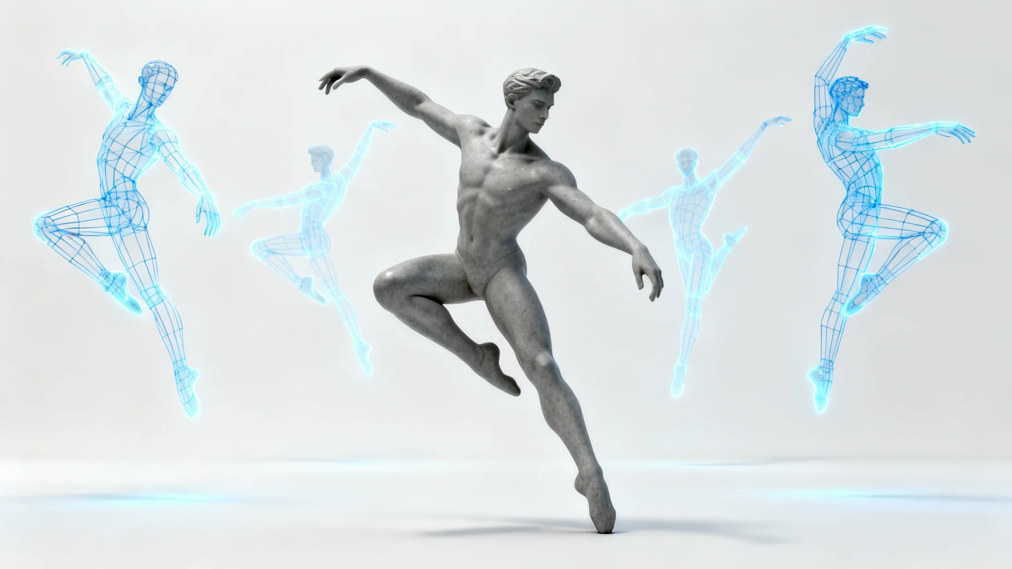 A stylized grey digital mannequin of a dancer in a dynamic pose, surrounded by glowing blue wireframe outlines showing alternative poses, all on a clean white background.