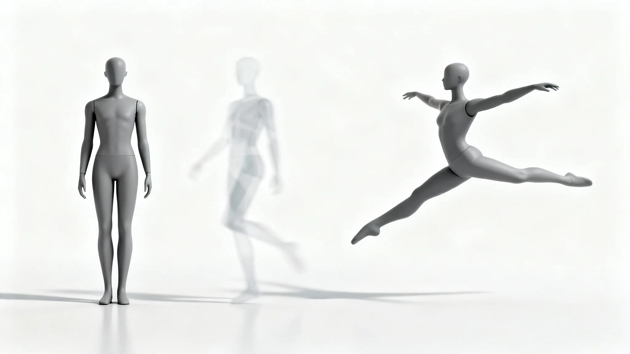 A sequence of three grey mannequins on a white background, illustrating a pose being edited from a static position to a dynamic leap.