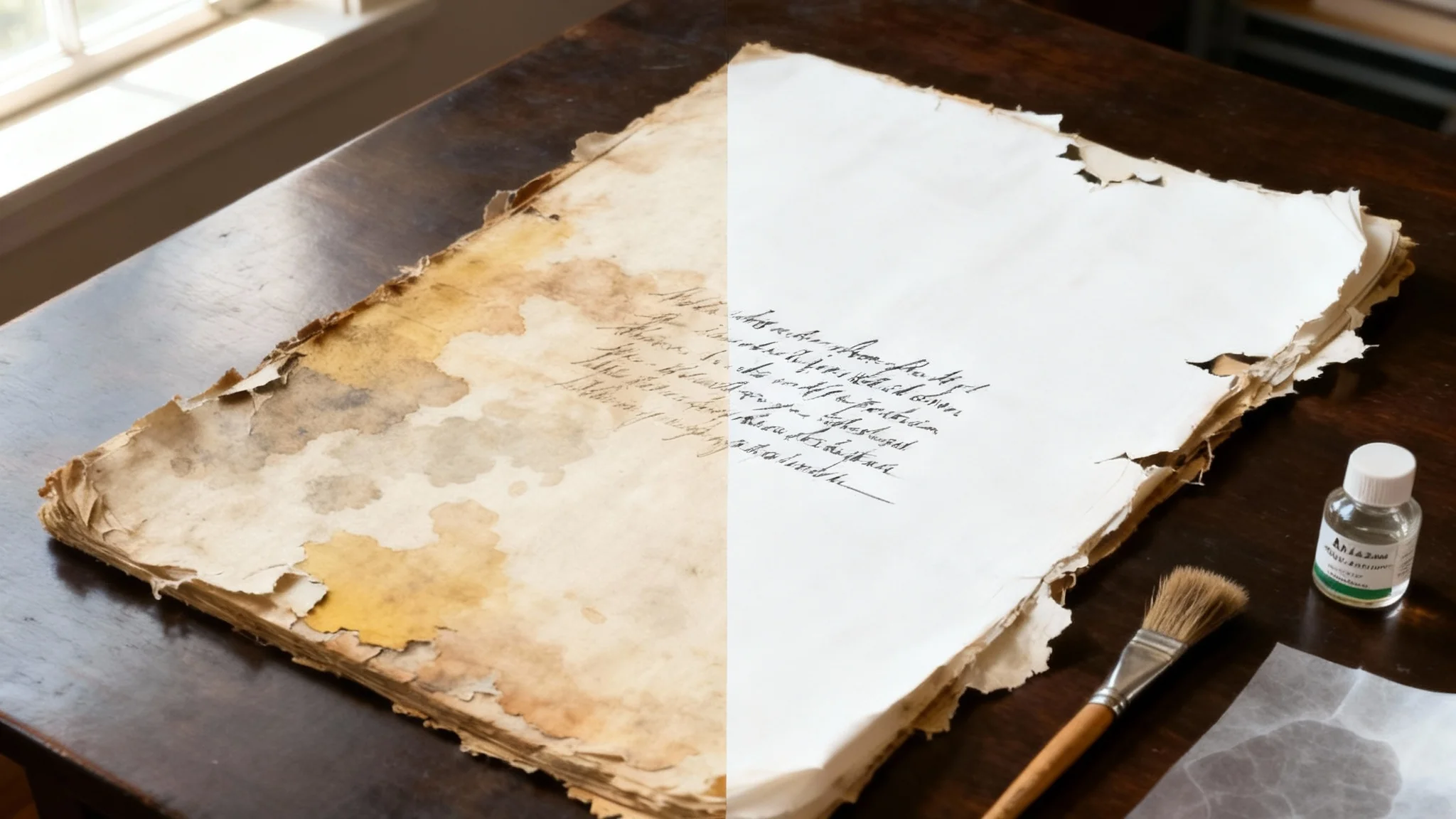 A side-by-side comparison of a document before and after restoration. The left side shows a tattered, stained paper with faded ink, while the right side shows the same document perfectly preserved with clean paper and clear, dark text.