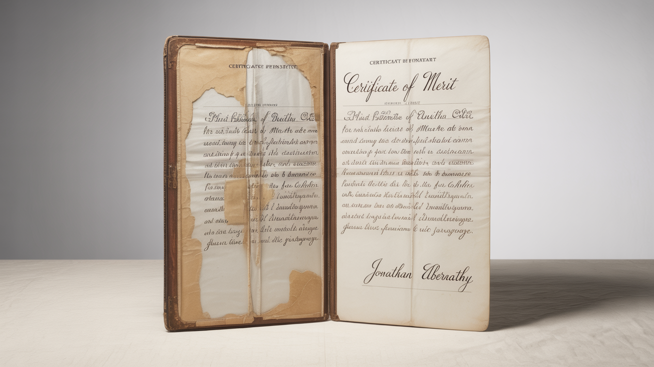 A before-and-after image of a restored certificate. The left side is old, stained, and torn, while the right side is clean, crisp, and the text is perfectly legible, demonstrating document restoration.