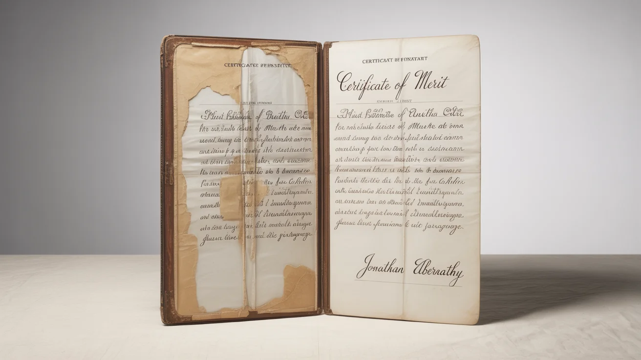 A before-and-after image of a restored certificate. The left side is old, stained, and torn, while the right side is clean, crisp, and the text is perfectly legible, demonstrating document restoration.