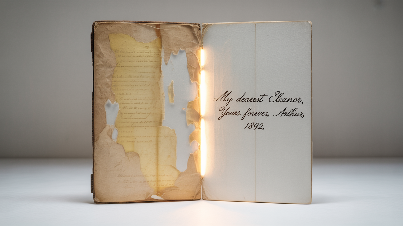 A conceptual image of document restoration, showing an old letter that is half torn and stained and half perfectly restored to a pristine condition.