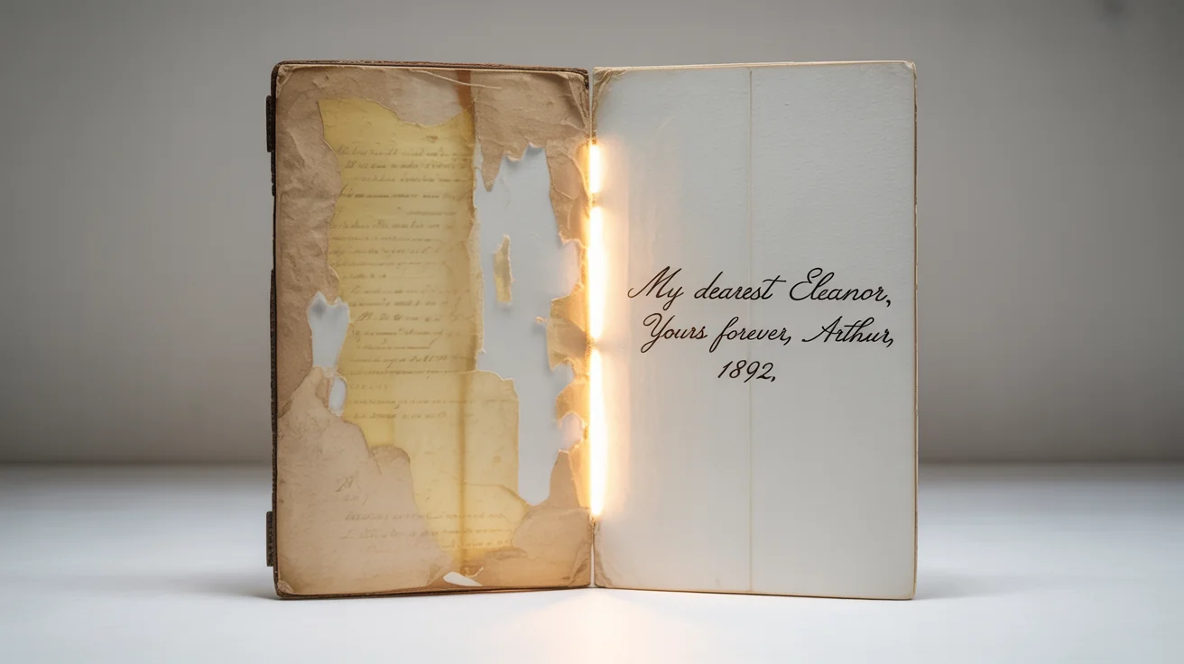 A conceptual image of document restoration, showing an old letter that is half torn and stained and half perfectly restored to a pristine condition.