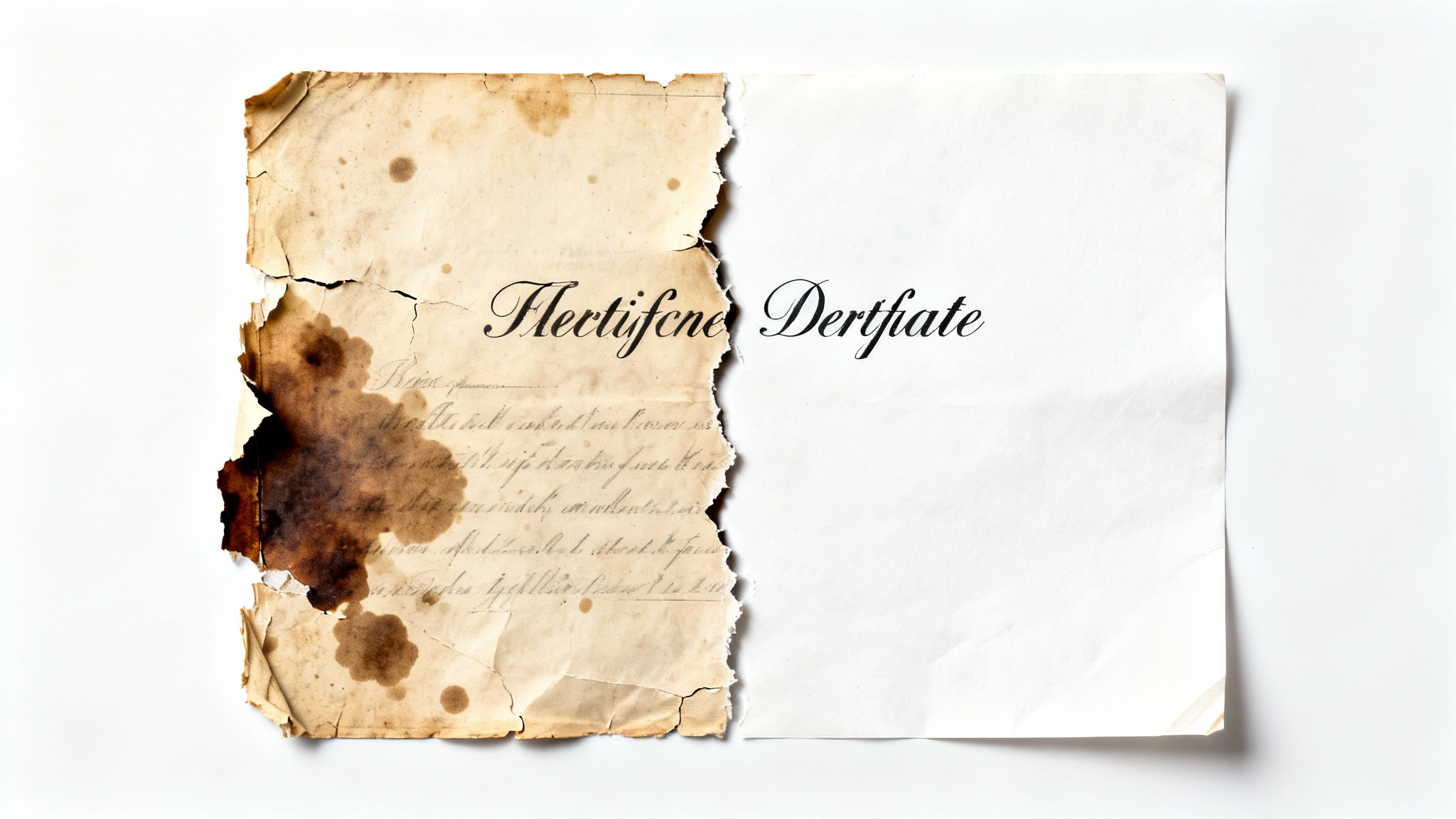 A before-and-after image of a vintage certificate being restored. The left side is torn, stained, and yellowed, while the right side is clean, white, and perfectly repaired against a plain white background.