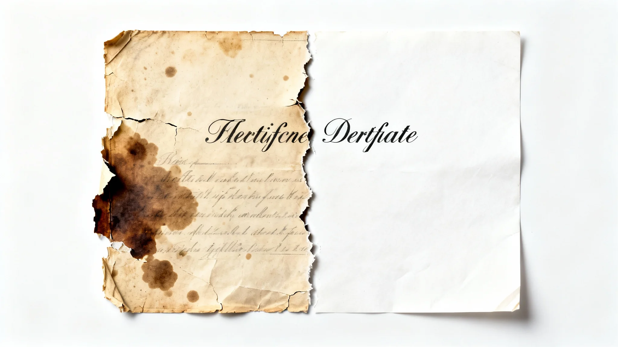 A before-and-after image of a vintage certificate being restored. The left side is torn, stained, and yellowed, while the right side is clean, white, and perfectly repaired against a plain white background.