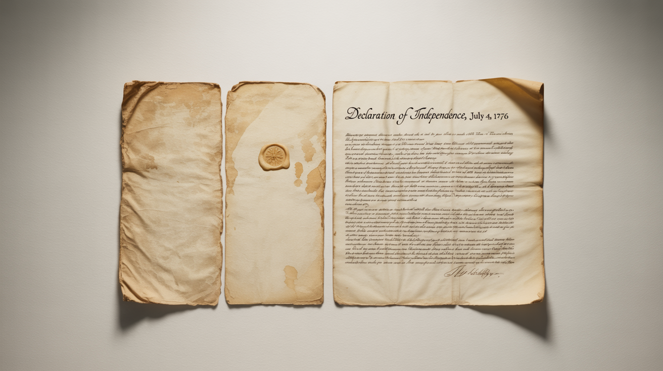 A dramatic before-and-after view of a historical document being restored. The left side is old, torn, and stained, while the right side is clean, crisp, and perfectly legible against a white background.