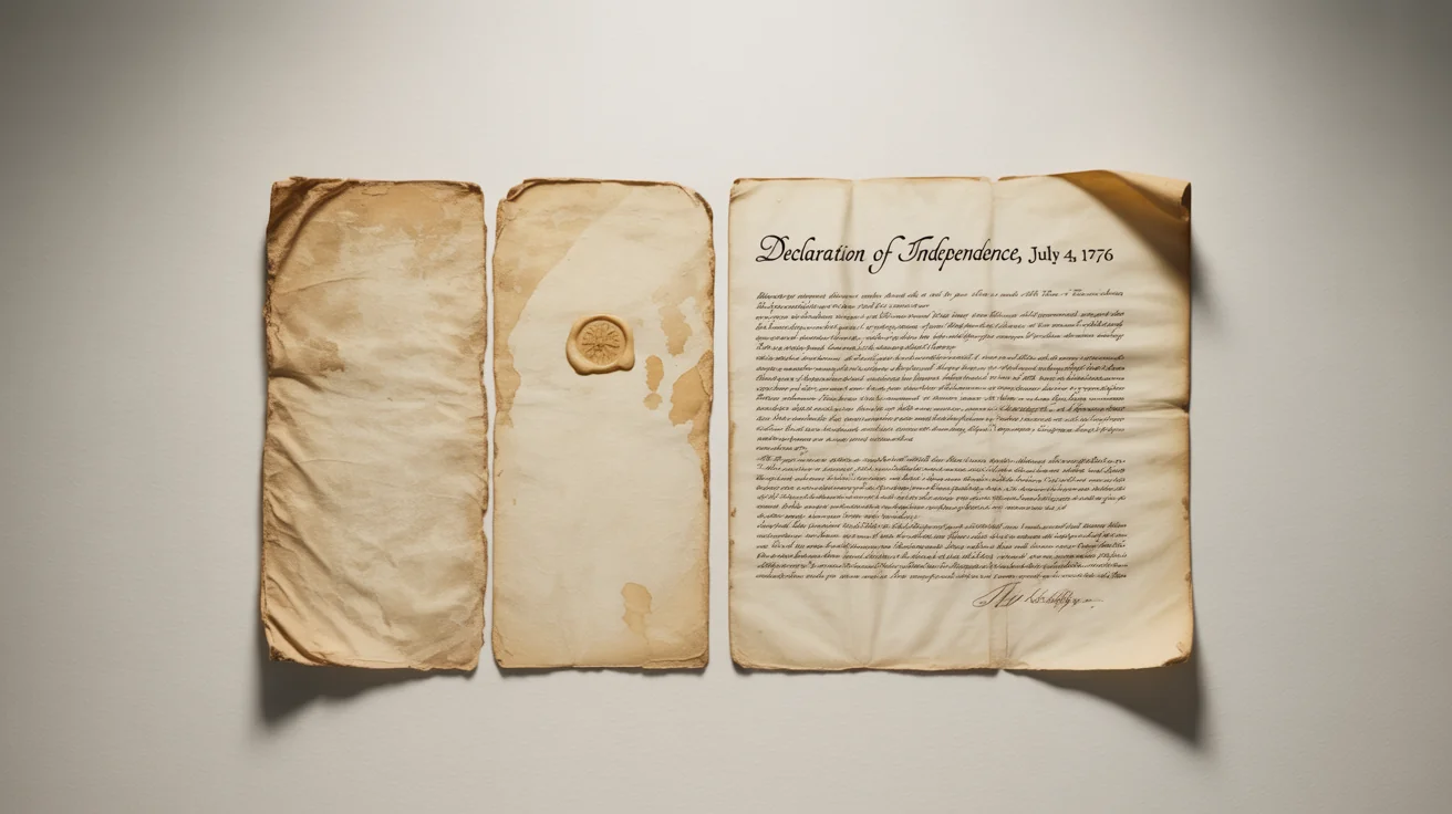 A dramatic before-and-after view of a historical document being restored. The left side is old, torn, and stained, while the right side is clean, crisp, and perfectly legible against a white background.