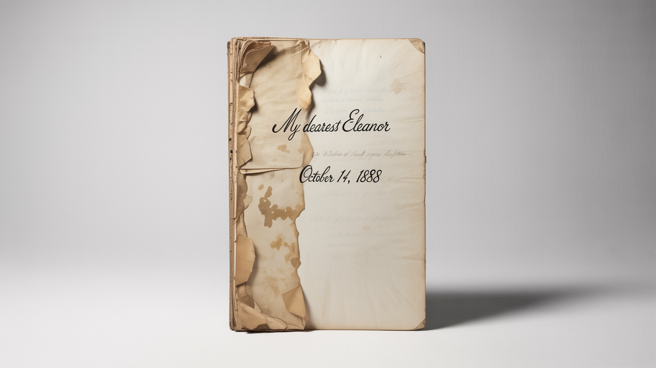 A split-screen image showing the restoration of an old document. The left side shows a torn, stained, and yellowed letter, while the right side shows the same letter perfectly restored, with clean paper and crisp, black handwriting.