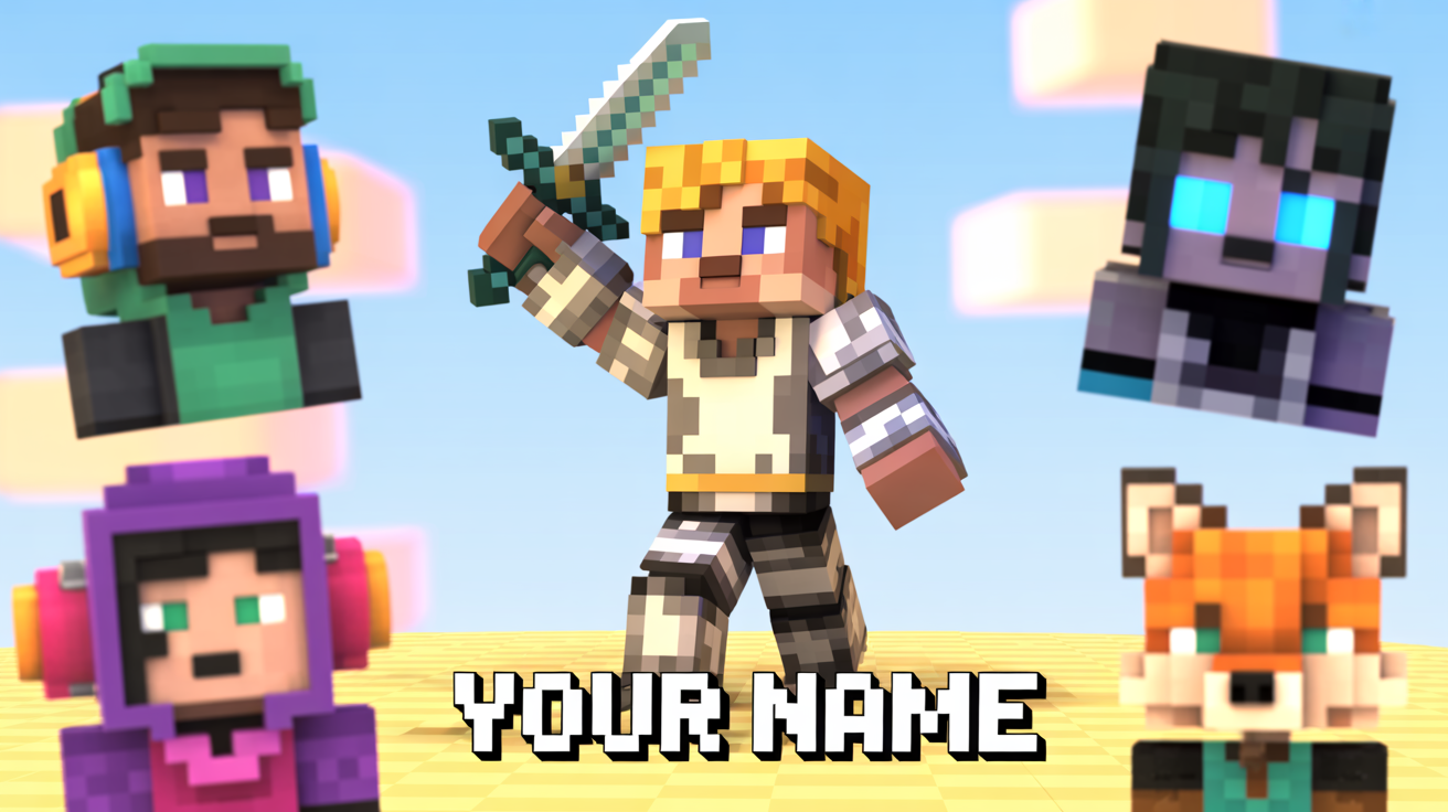 A hero image showcasing various final results from a Minecraft PFP generator. A large central PFP of a knight is surrounded by smaller PFPs of a gamer, a mage, and a fox, all in a 3D blocky style.