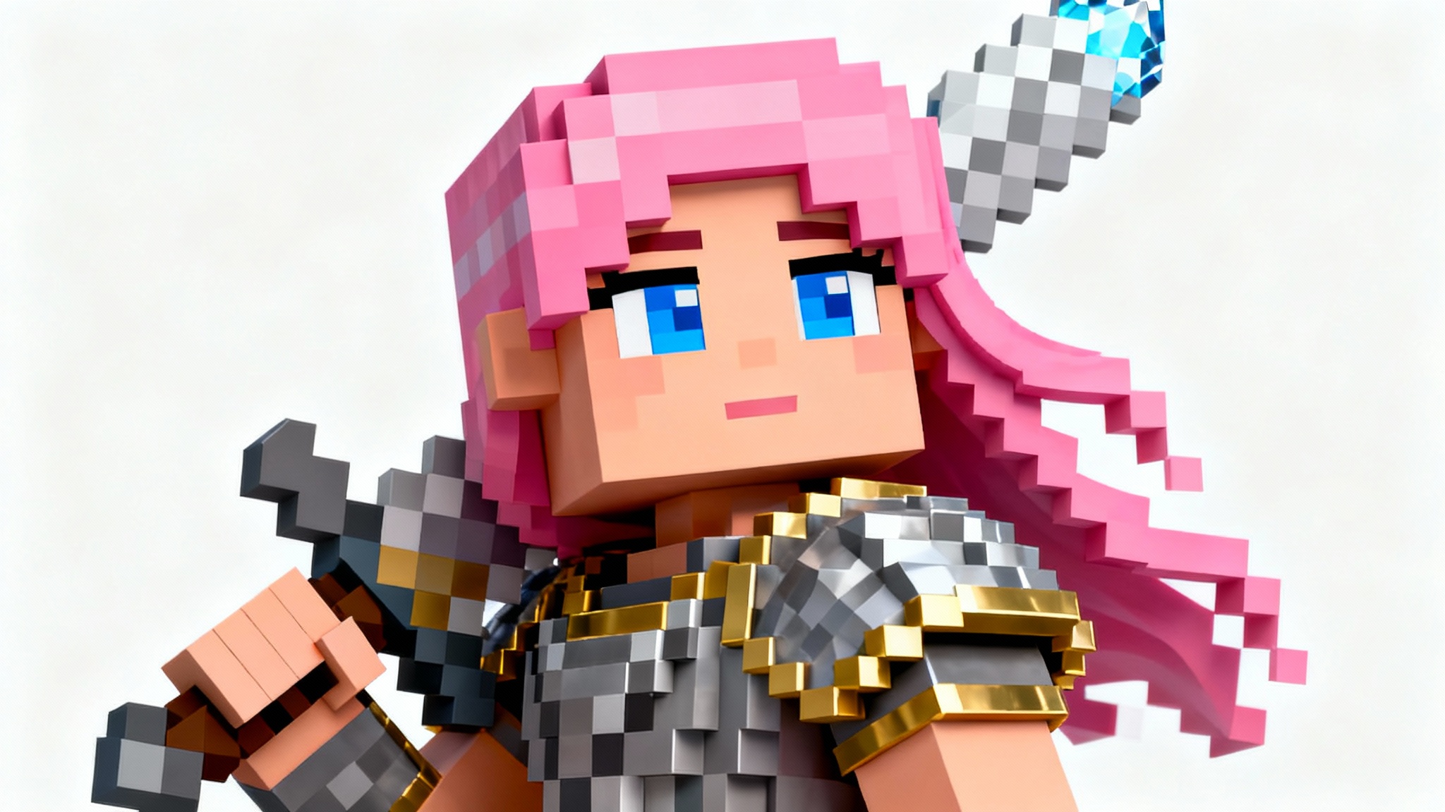A 3D voxel art mockup of a Minecraft profile picture featuring a female warrior with pink hair and iron armor, set against a solid white background.
