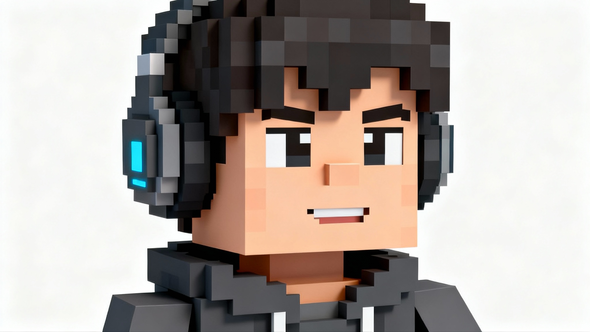 A 3D voxel art mockup of a custom Minecraft profile picture, showing a character with dark hair, a gray hoodie, and glowing blue headphones against a white background.